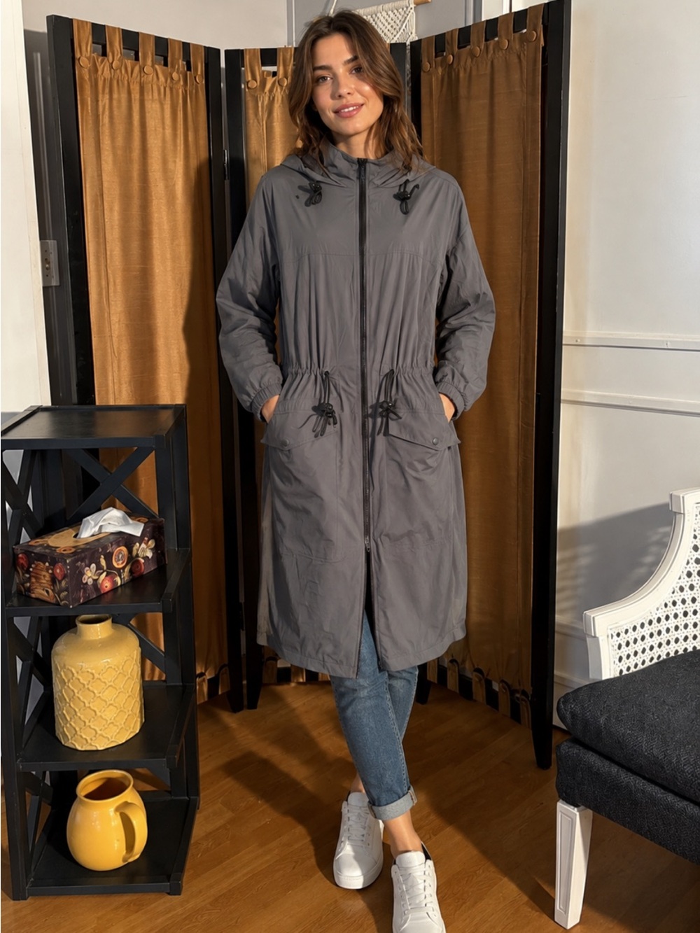 Lightweight Hooded Long Rain Jacket - Green